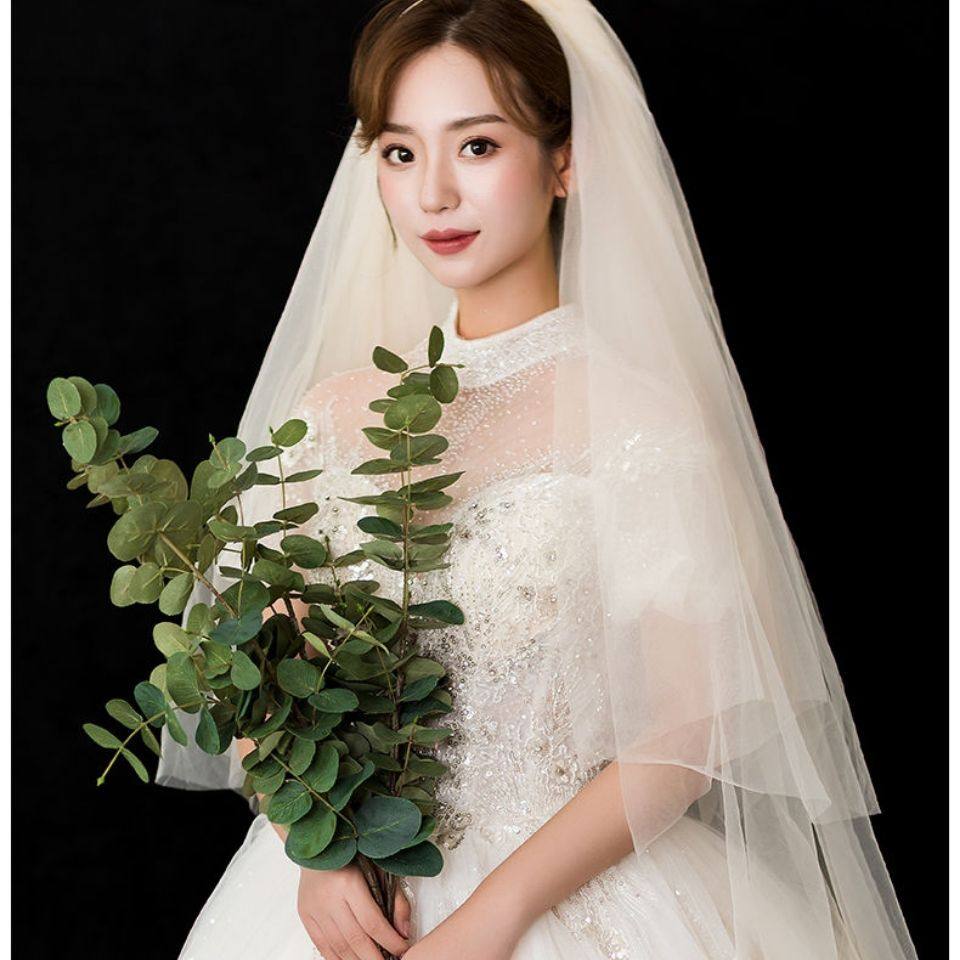 香槟色头纱中长新娘简约两层裸纱遮面婚礼婚纱摄影头纱