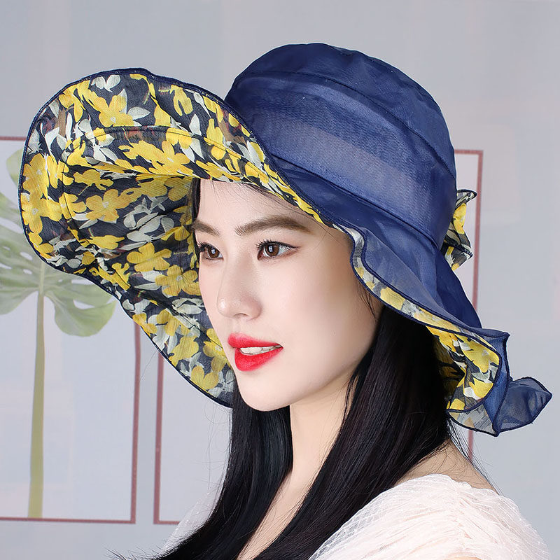 帽子子女夏天韩版透气欧根花朵大沿太阳帽荷叶帽子