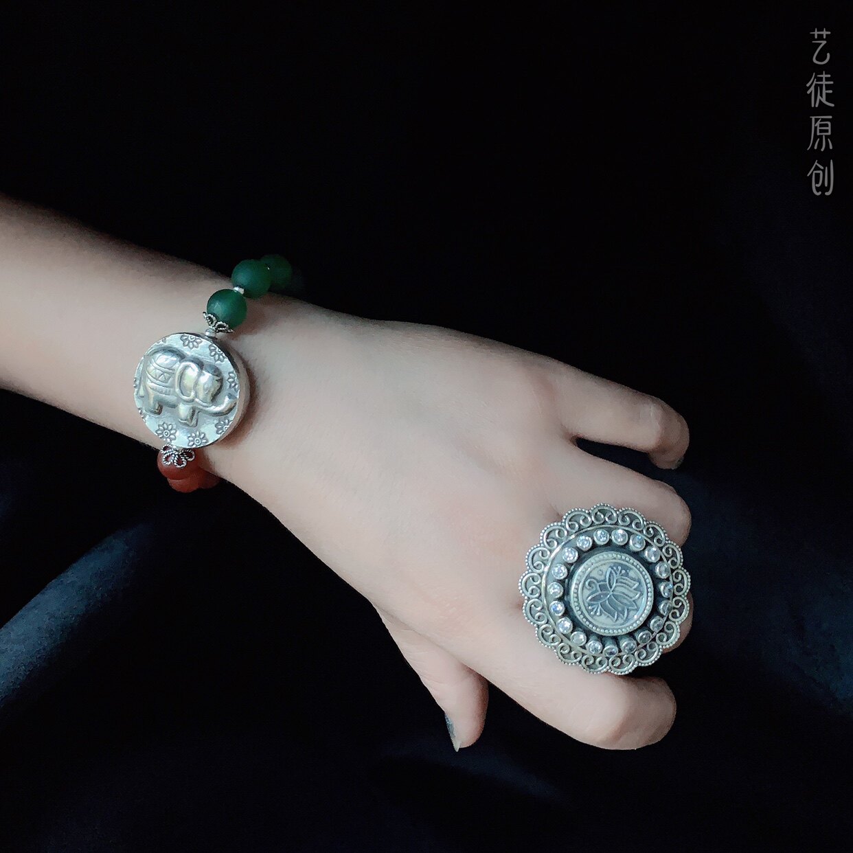 手链艺徒原创纯银大象复古撞色红配绿美美学手链