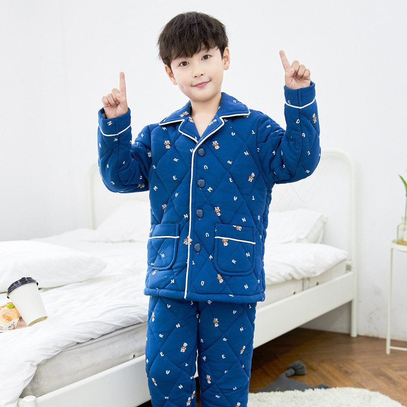 儿童睡衣冬季加厚款男孩中大童纯棉三层夹棉秋冬款保暖男童家居服