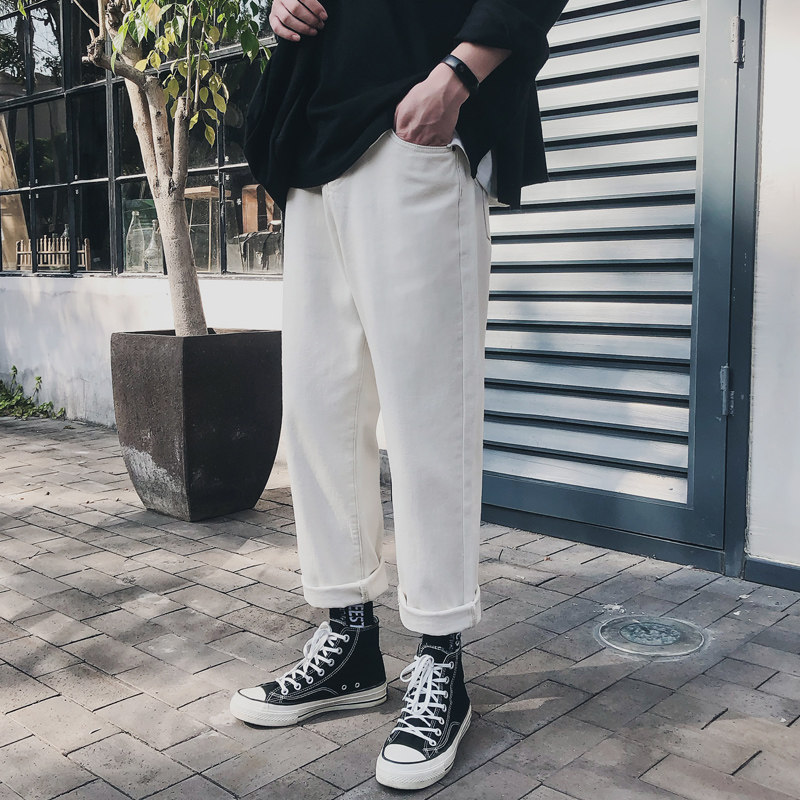 秋季白色九分阔腿男生牛仔裤坠感宽松筒裤粗腿牛仔裤