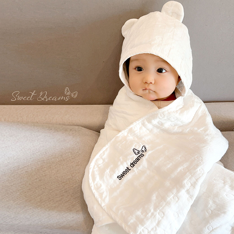 爱打扮(www.idaban.cn)，新生儿全棉6层纱布吸水宝宝浴巾婴儿包巾儿童带帽斗篷包被可裹