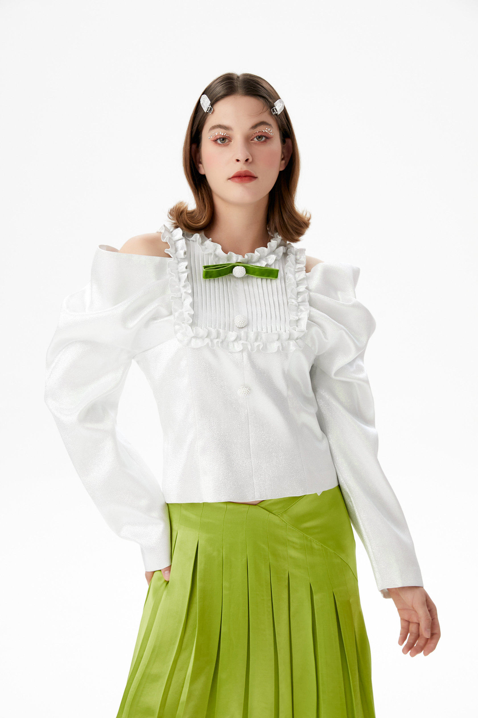 设计师品牌zzfystudio露肩白色上衣显瘦百搭抽褶蝴蝶结时尚套装