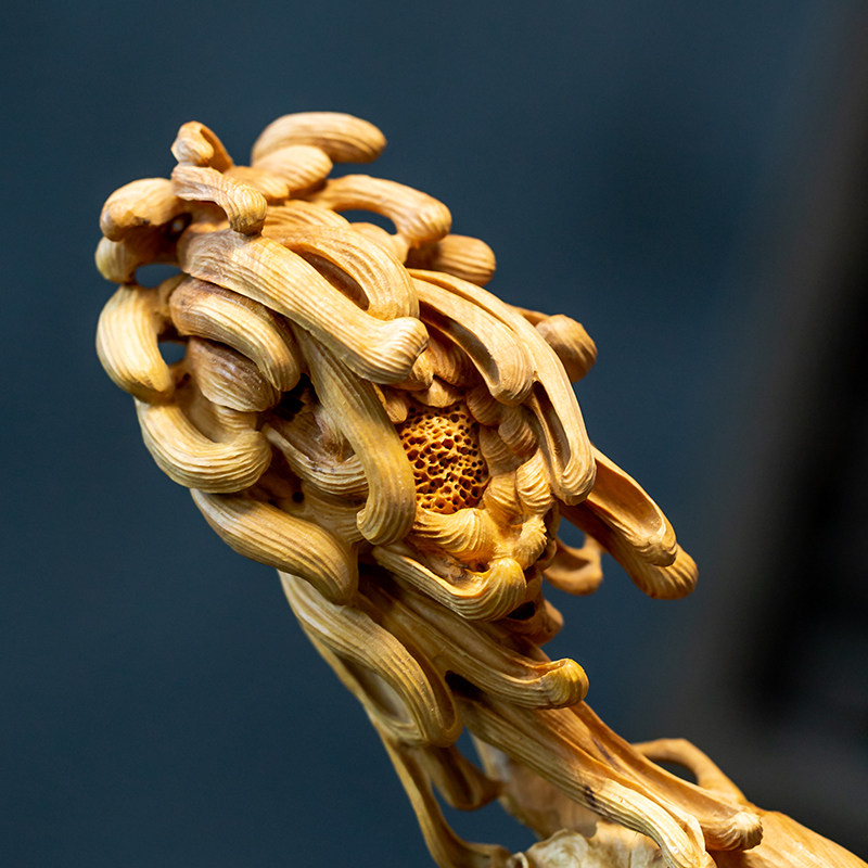 黄杨木雕手工实木雕刻植物秋菊菊花如意家居装饰木雕