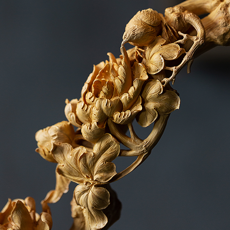 吉祥如意黄杨木雕牡丹花开富贵万事如意居家装饰花鸟风水招财木雕