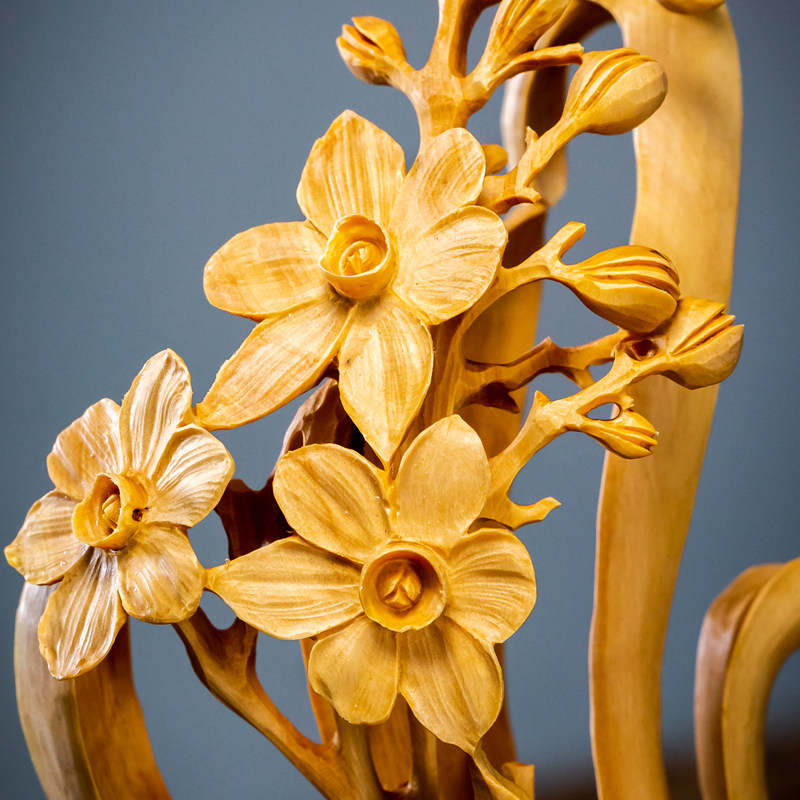 木雕植物小叶黄杨木纯手工雕刻水仙水仙花花开木雕