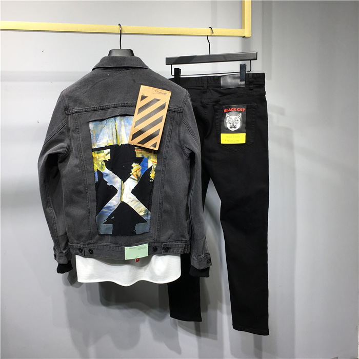 OFF OW WHITE 秋冬新款19SS莫奈油画黄宗泽同款牛仔夹克外套男女