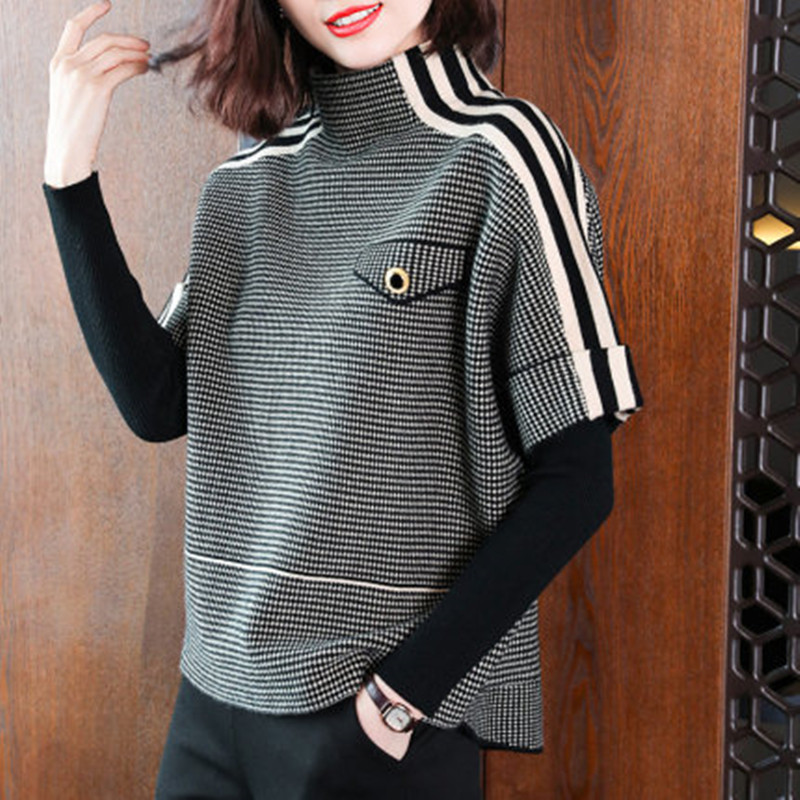 针织短外套女2022新款秋冬装千鸟格百搭休闲打底衫假两件套上衣女