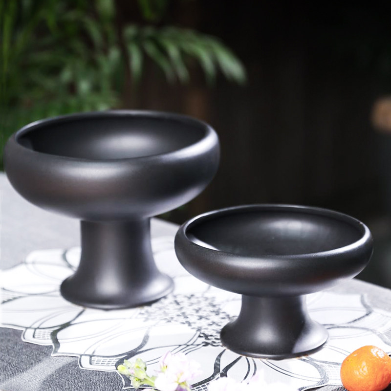 插花中式脚盆高脚盆黑色器皿花盘摆件桌面客厅花盆
