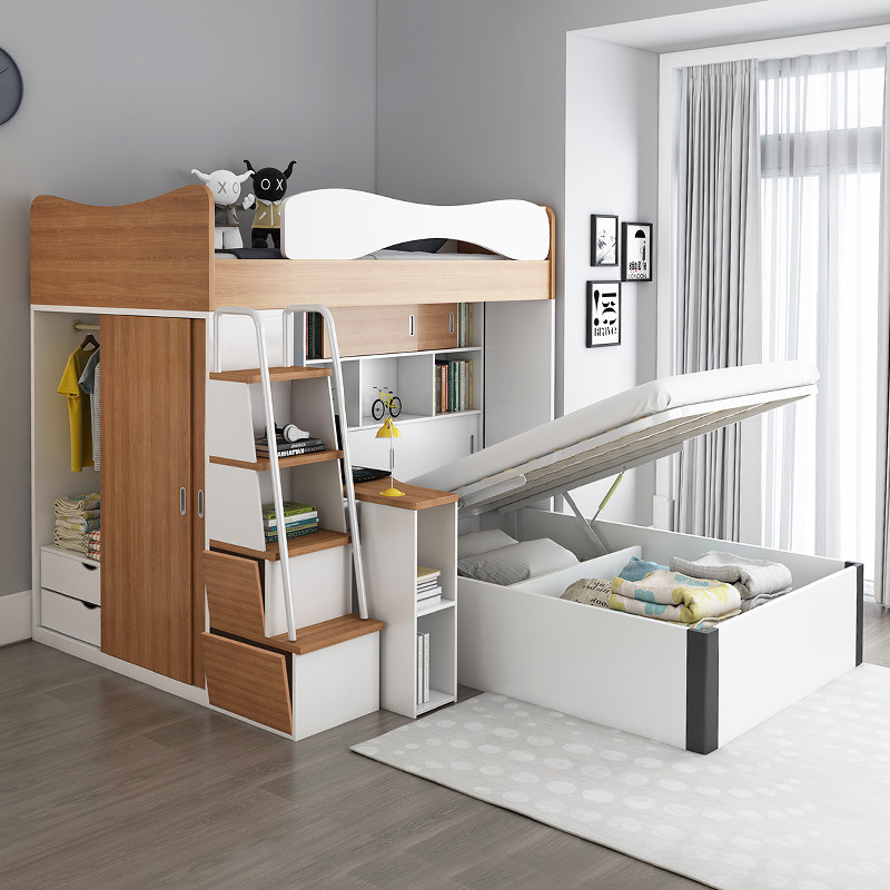 儿童高低床多功能衣柜上下床小户型书桌床一体交错式上下铺双层床