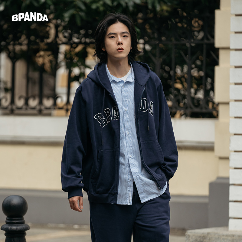 熊猫本 连帽卫衣外套男春秋贴布绣国潮简约日系休闲春秋拉链开衫