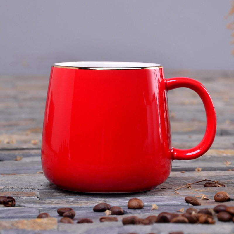 欧美陶瓷杯子创意大红红色描金手工马克简约个性马克杯
