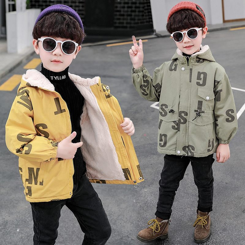男童加绒外套秋冬装2019新款小儿童冲风衣加厚宝宝棉衣洋气派克服
