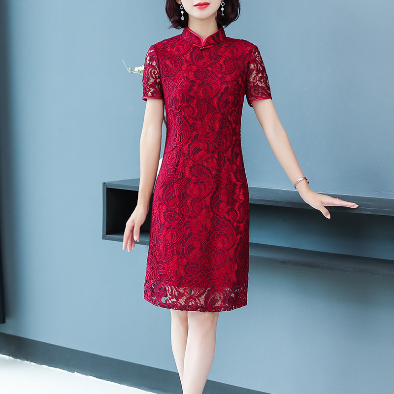 夏装2020款改良旗袍裙中老年女装中长款蕾丝妈妈装婚宴喜婆婆礼服