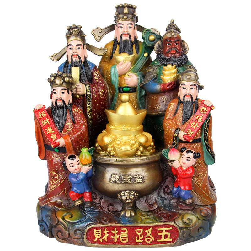 大号纯铜财神爷佛像黄铜五路财神聚宝盆铜像彩绘财神像家居摆件