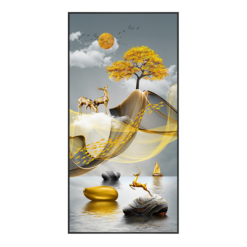 金鹿远眺现代轻奢玄关壁画大气玄幻装饰画走廊现代装饰画