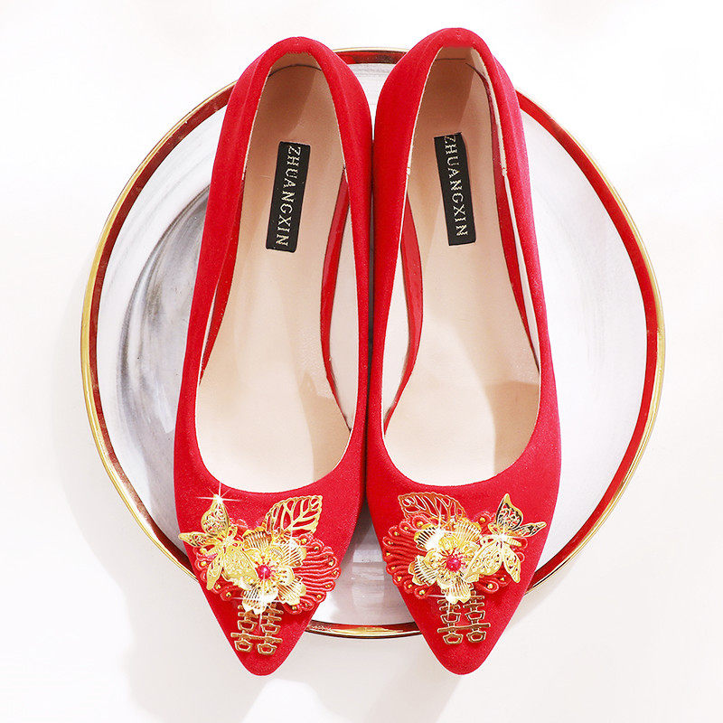 中式婚鞋女2021新款高跟红色结婚鞋子粗跟新娘鞋平底大码红秀禾鞋
