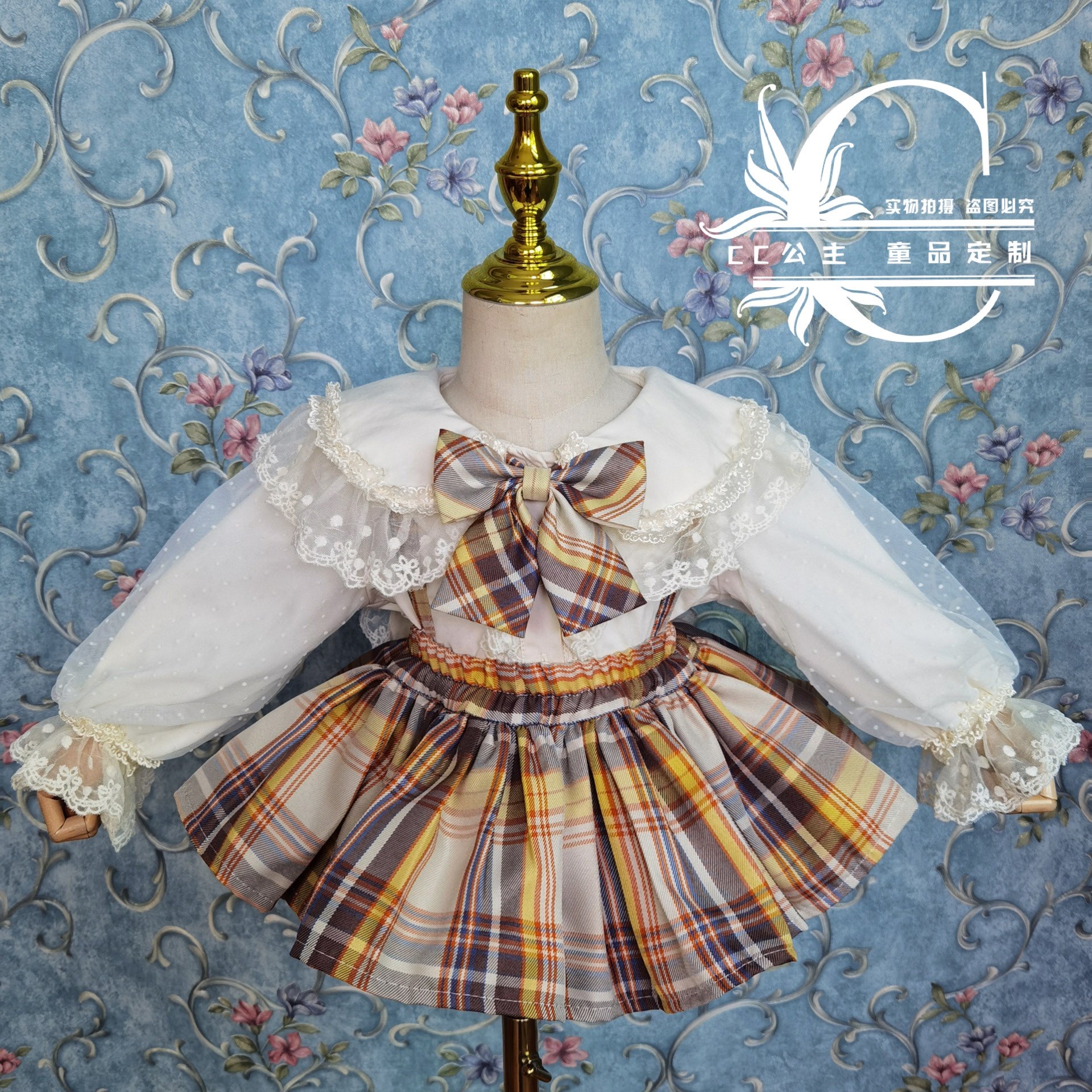 秋冬女童原创山吹黄色jk制服可爱背带炸屁裙套装学院风格子百褶裙