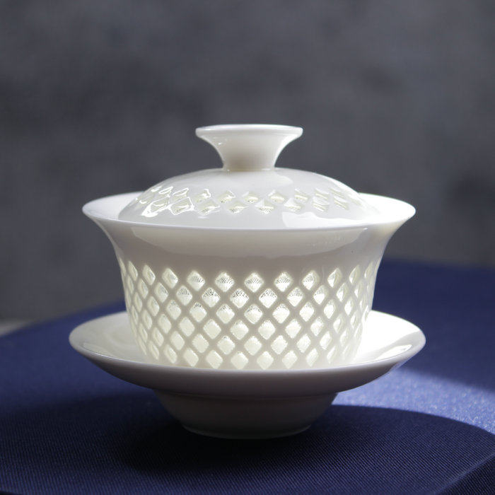 冰晶蜂巢蜂窝玲珑镂空盖碗盖碗茶茶杯景德镇青花盖碗