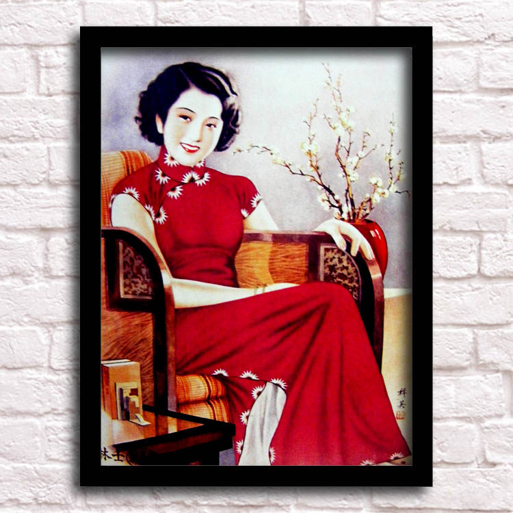 民国老上海复古装饰画旗袍美女旧上海怀旧挂画酒吧咖啡厅餐厅墙画