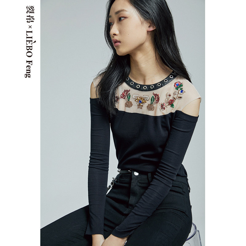 裂帛liebofeng设计师品牌2022年国潮立体钉珠露肩刺绣网纱t恤