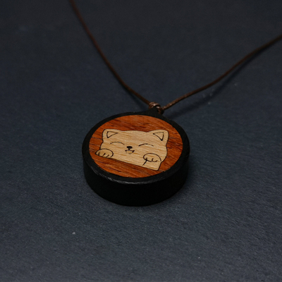 原创手工项链圆形可爱猫咪黑檀木吊坠定制男女锁骨链纪念礼物刻字