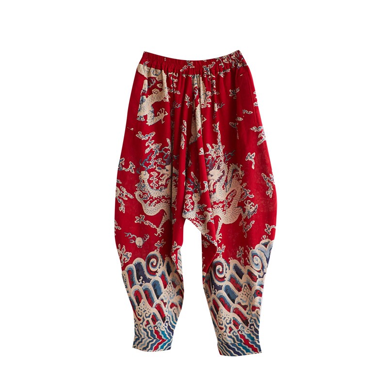 中国风灯笼裤男宽松龙印花棉麻裤子男大裆裤休闲裤男垮裤哈伦裤