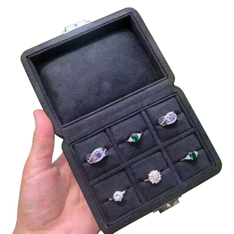 高档首饰盒超纤珠宝收纳盒黑色麂皮绒展示盒祖母绿戒指钻石宝石盒