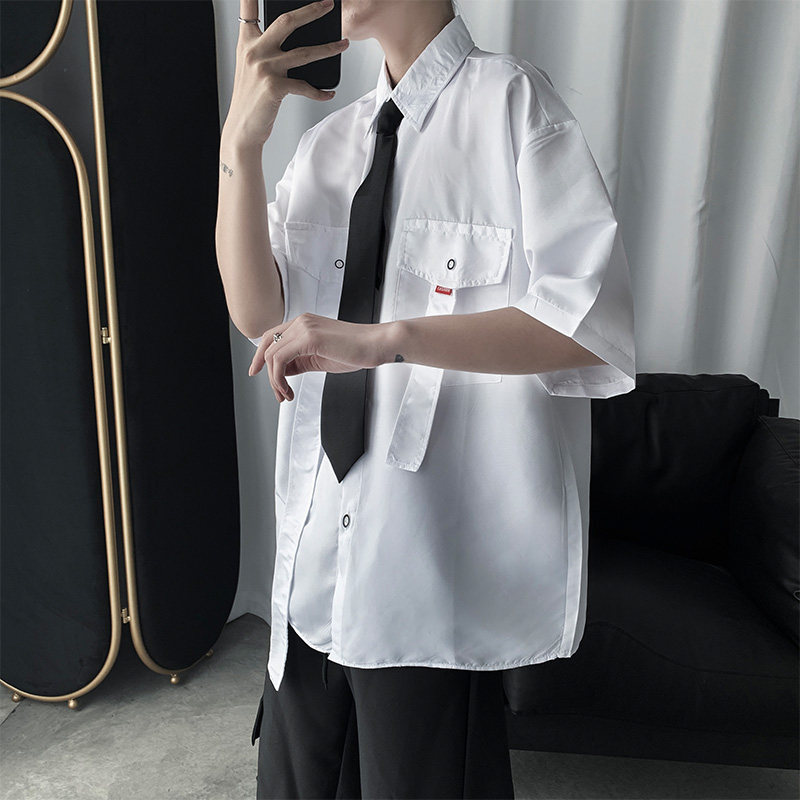 工装短袖衬衫男港风日潮牌领带衬衣ins潮流衬衫