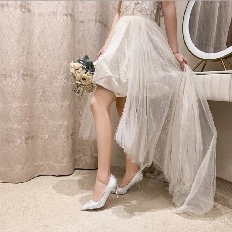 蕾丝白色婚纱婚鞋女尖头浅口高跟鞋细跟宴会礼服单鞋