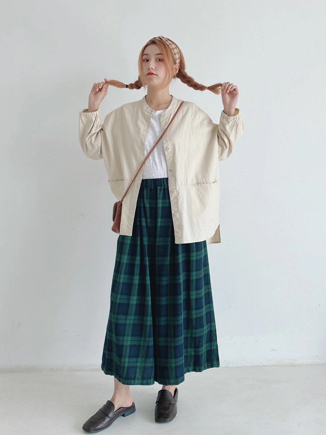 森女秋季宽松苏格兰格子休闲裤阔腿裙裤休闲裤