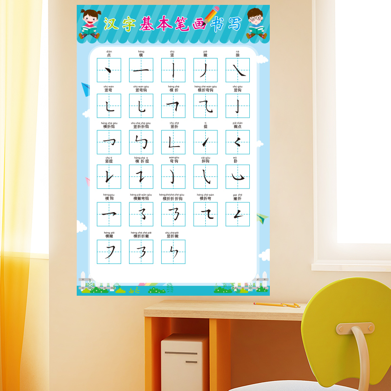汉字基本笔画书写贴纸墙纸自粘学校教室布置墙贴