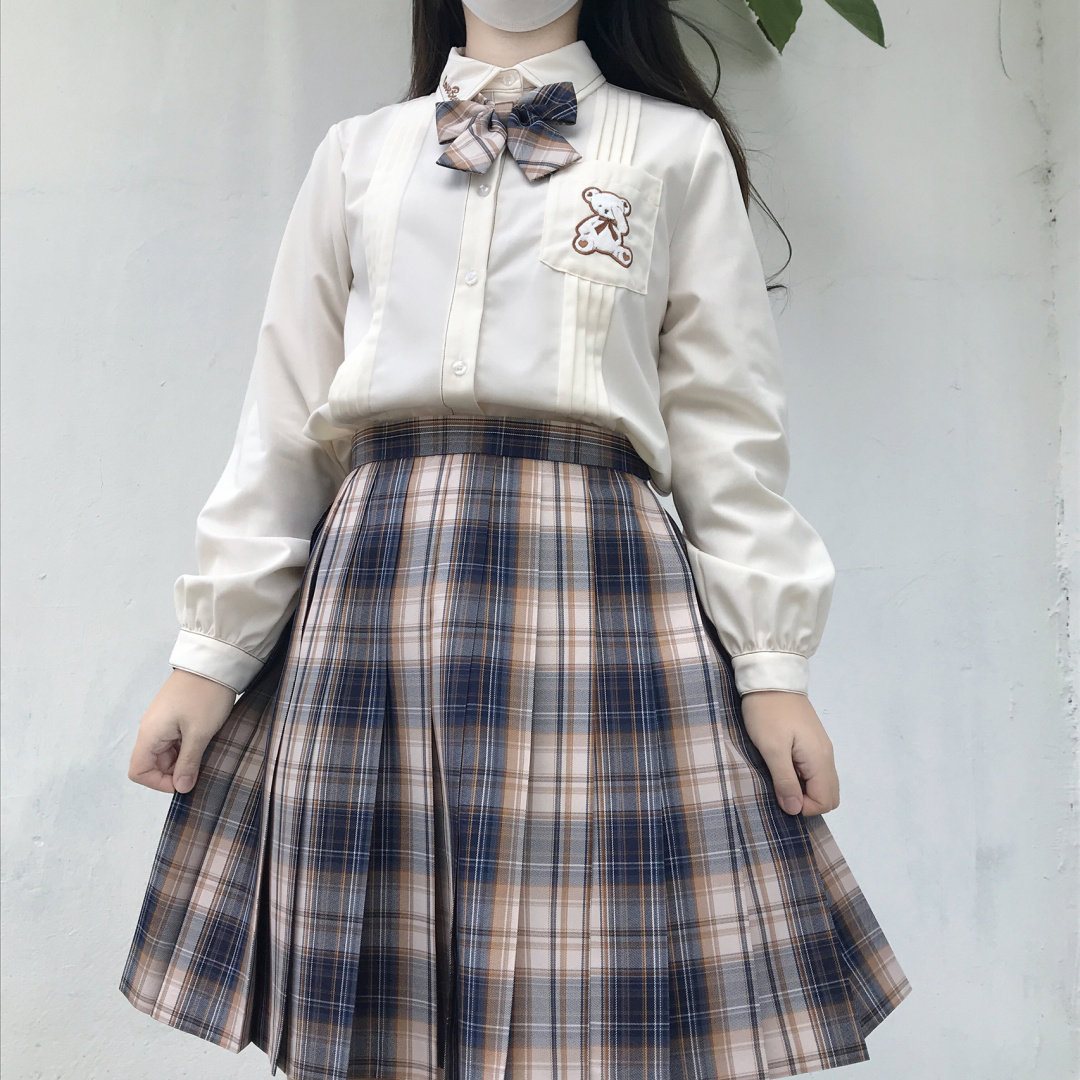 兔缝原创小熊jk制服秋冬格裙现货百褶裙学生半身裙