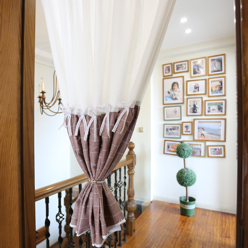 鸢尾乡旅奶咖格子棉布文艺短帘窗帘门帘美式半帘成品窗帘