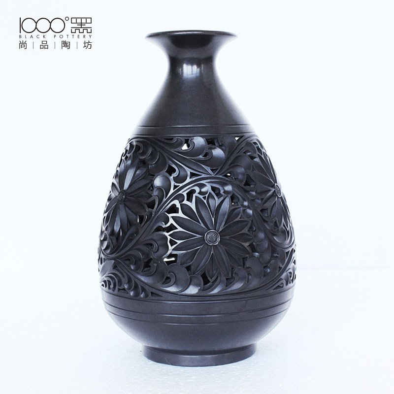 中国国风特色仿古手工黑陶陶瓷镂空干花花插花瓶
