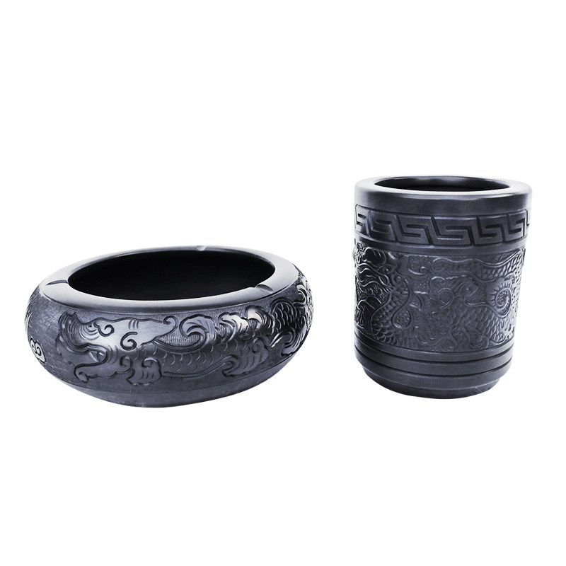 手工黑陶复古古龙笔筒烟灰缸办公室家客厅实用创意摆件