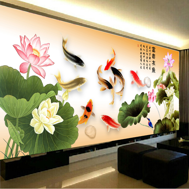 蒙娜丽莎正品印花十字绣荷花九鱼富贵有余线绣新款客厅十字绣套件