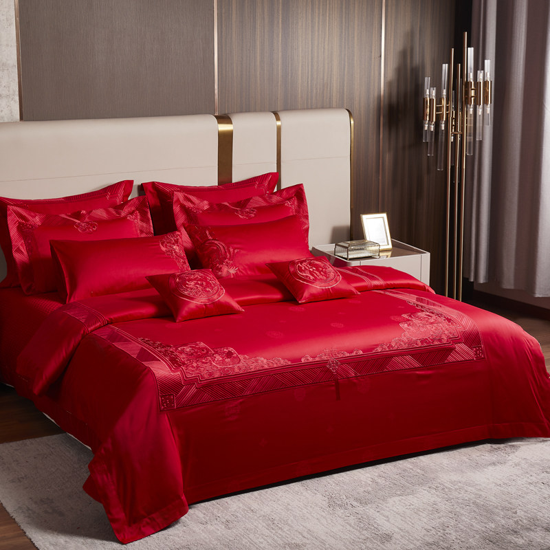 100支澳洲长绒棉结婚四件套全棉婚庆大红色喜被婚房婚床床上用品