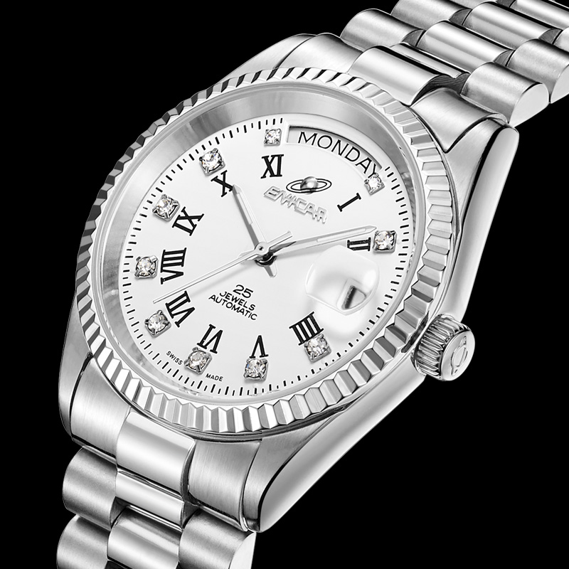 瑞士库存老英纳机械自动男士夜光手表时尚全钢防水送父亲礼物腕表