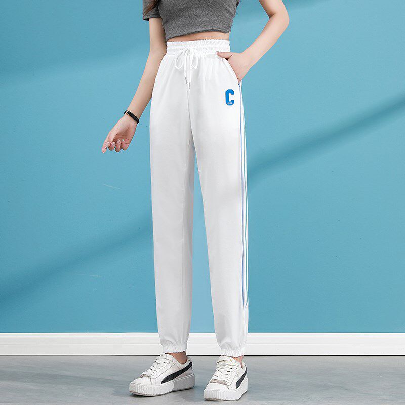 加长运动裤女夏速干薄款束脚哈伦高个子侧彩条宽松冰丝白色休闲裤