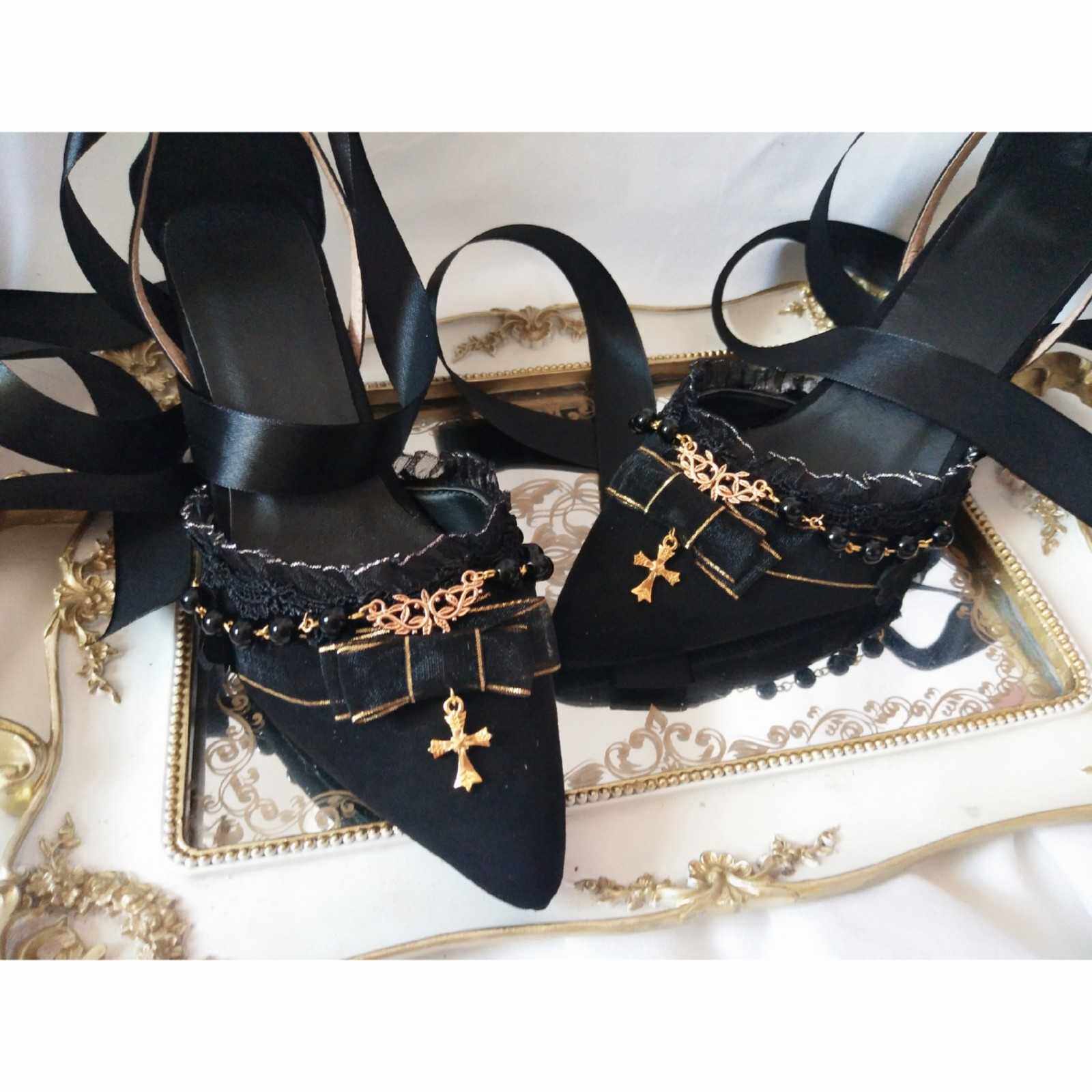 手作lolita黑色色系优雅绑带鞋花嫁鞋单鞋