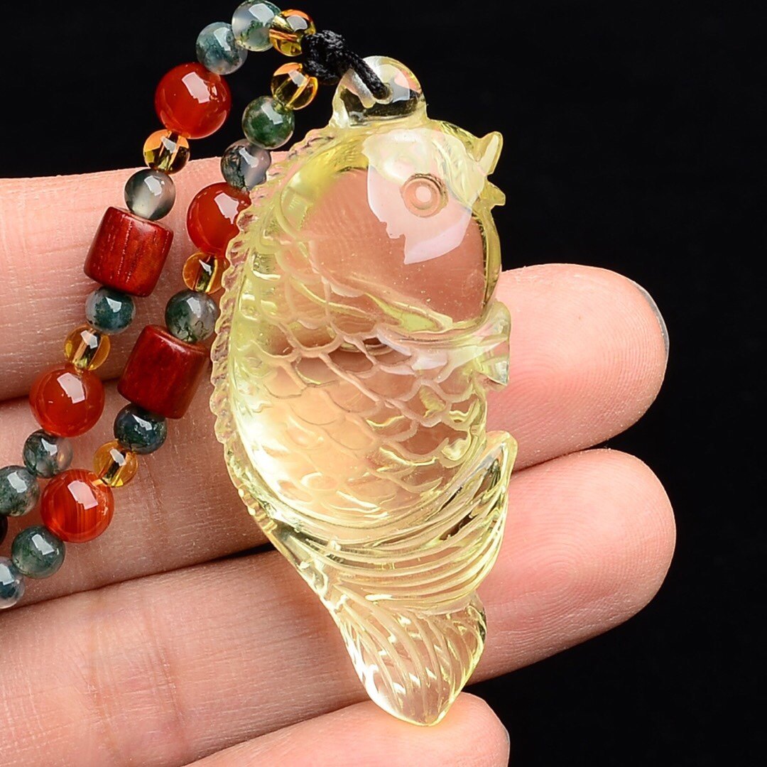 黄水晶天然水晶鱼吊坠年年有余项坠雕刻连年有余颈饰