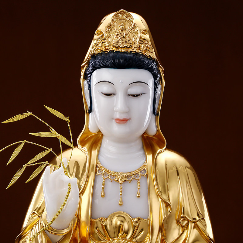 汉白玉金镶玉观音菩萨家用坐莲观音佛像南海观音居家供奉家用摆件