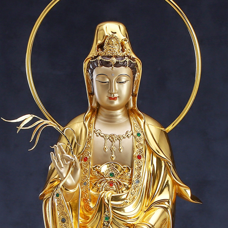 铜雕观音佛像站像家用手工贴金南海观世音菩萨摆件