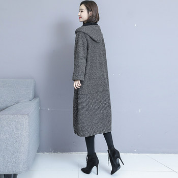 180 catties plus size women's autumn and winter coat woolen style loose mid-length plus velvet thickened hooded woolen coat