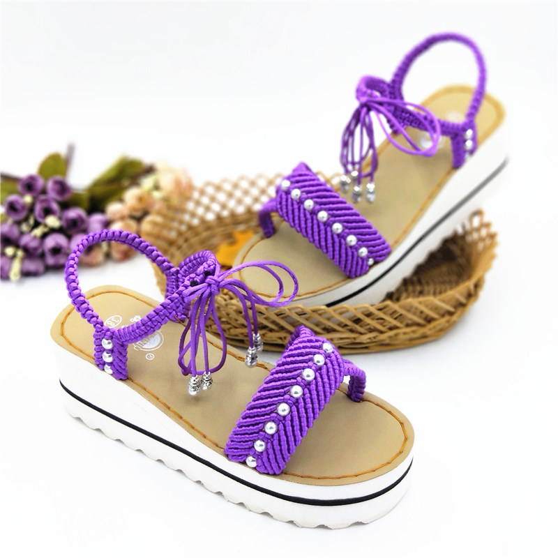 串珠夏女凉拖鞋坡跟室内外居家手工编织钩针中国结居家凉拖