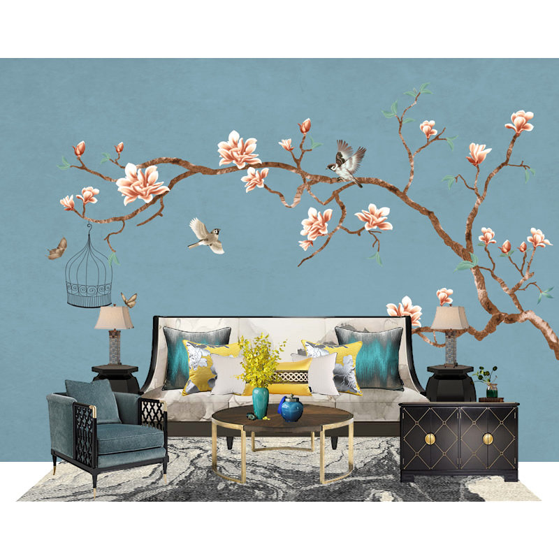 施迎 新中式花鸟壁画电视背景墙壁纸客厅卧室墙布现代无纺布墙纸