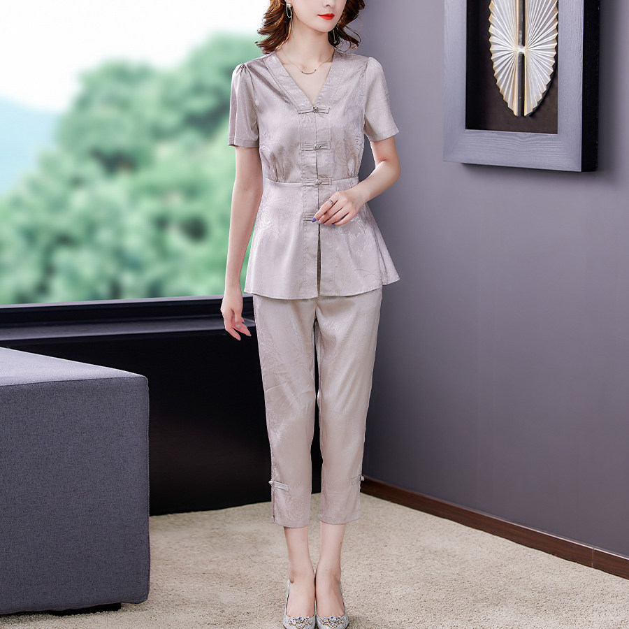 贵夫人香云上衣裤子两件件套夏女妈妈真丝旗袍时尚套装