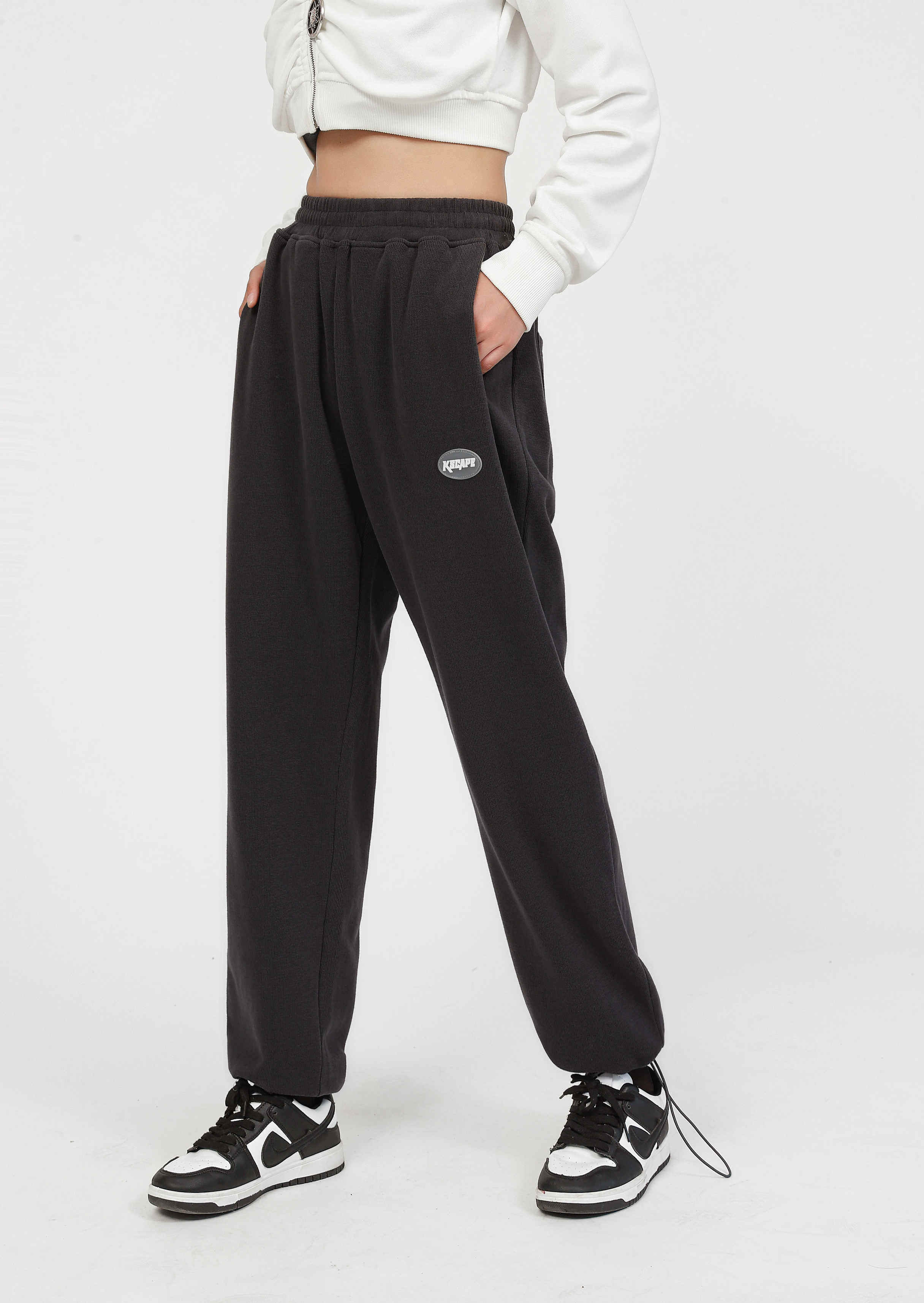 kscape秋季直筒阔腿运动长裤男女显瘦宽松休闲束脚裤灰色百搭卫裤