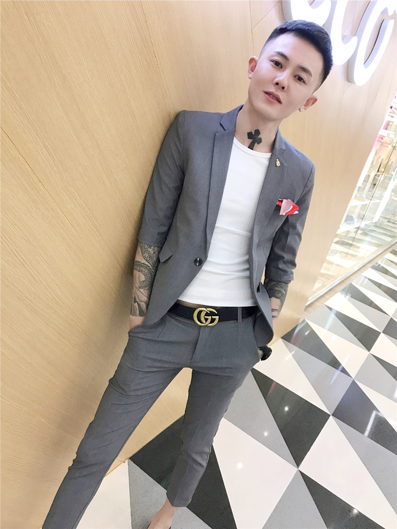 西服2021夏季套装精神小伙韩版修身痞帅休闲西服套装